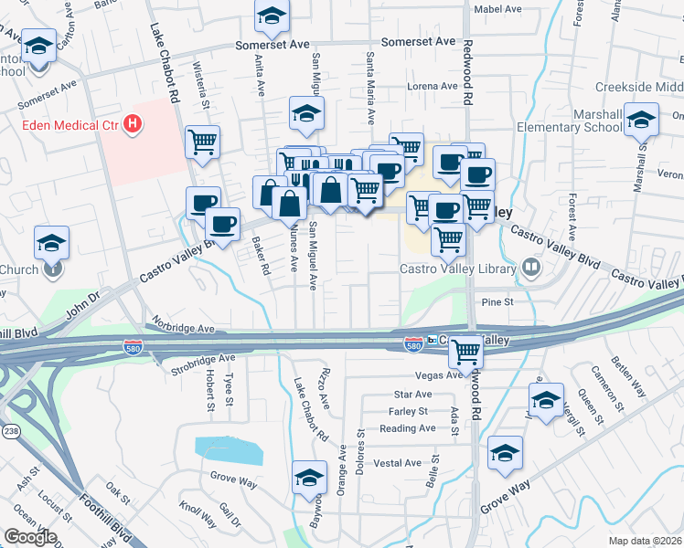 map of restaurants, bars, coffee shops, grocery stores, and more near 20998 Chester Street in Castro Valley