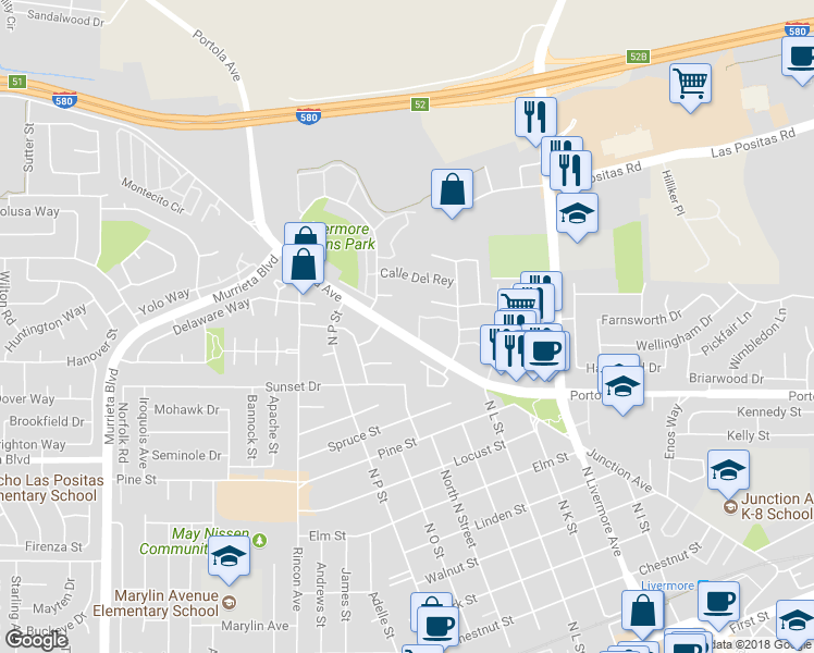map of restaurants, bars, coffee shops, grocery stores, and more near 1660 Portola Avenue in Livermore