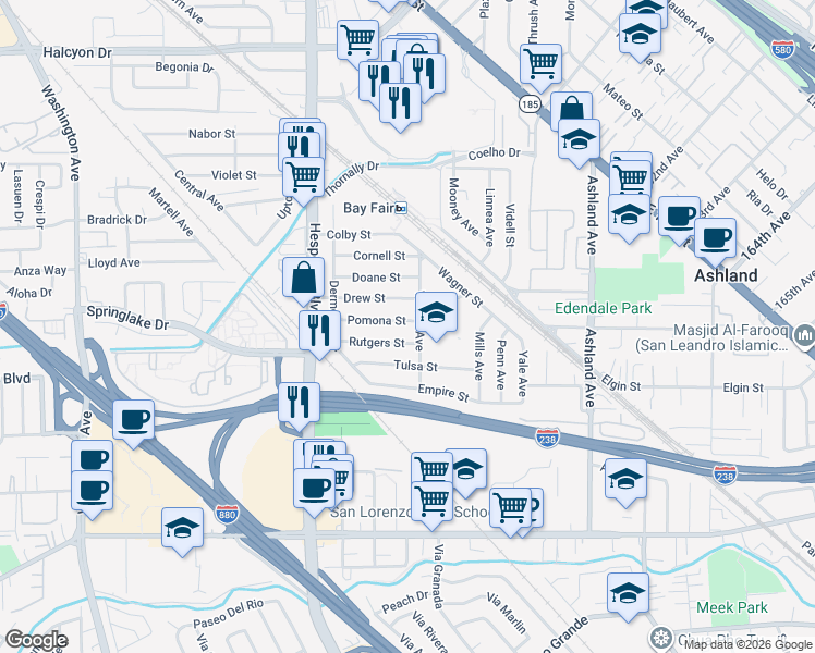 map of restaurants, bars, coffee shops, grocery stores, and more near 576 Pomona Street in San Lorenzo