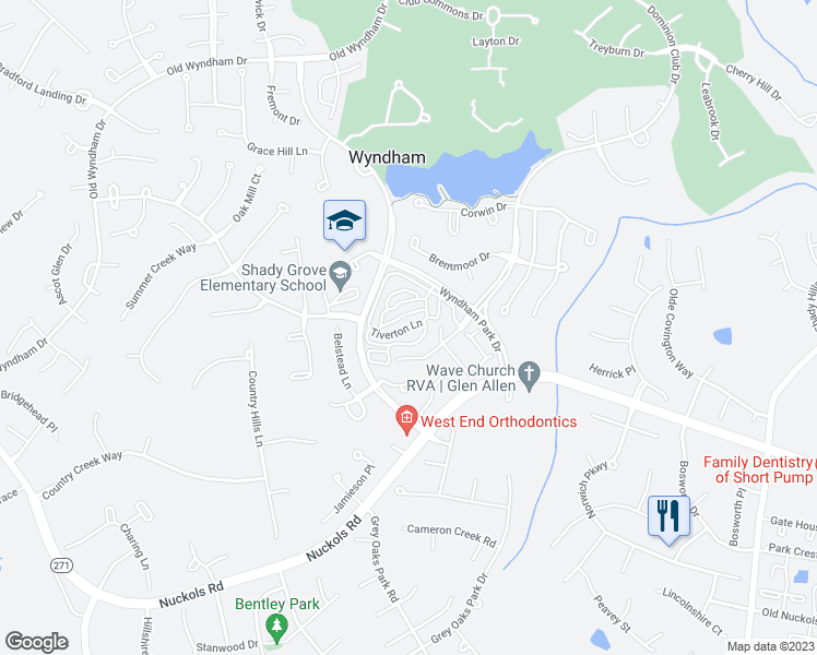 map of restaurants, bars, coffee shops, grocery stores, and more near 12303 Tiverton Lane in Glen Allen