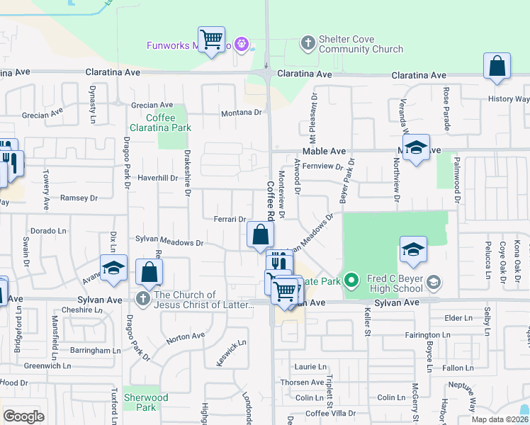 map of restaurants, bars, coffee shops, grocery stores, and more near 3713 Coffee Road in Modesto