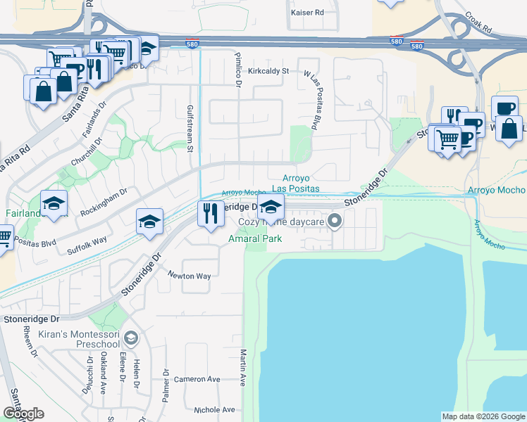 map of restaurants, bars, coffee shops, grocery stores, and more near 2853 Daylily Court in Pleasanton