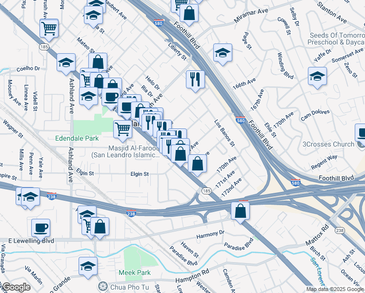 map of restaurants, bars, coffee shops, grocery stores, and more near 1475 167th Avenue in San Leandro