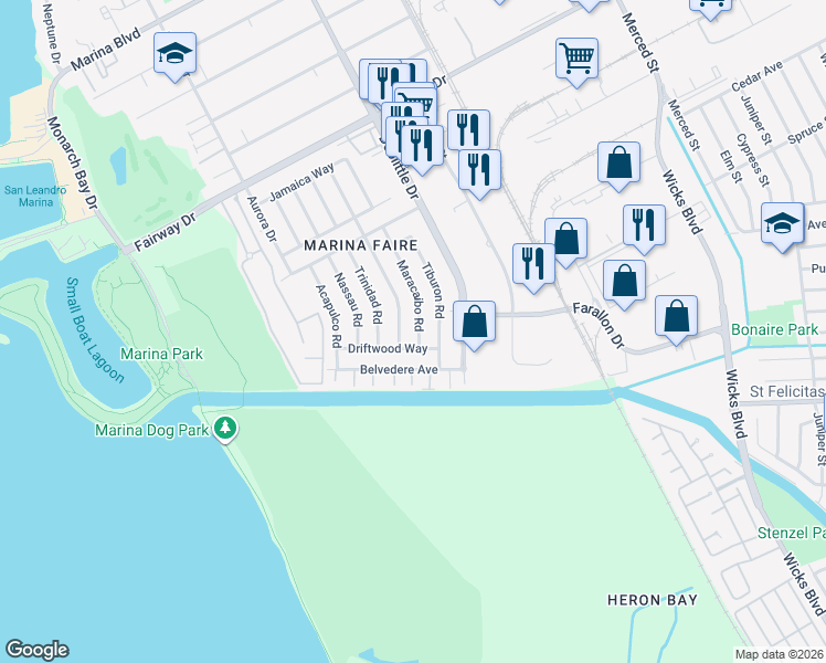 map of restaurants, bars, coffee shops, grocery stores, and more near 14498 Maracaibo Road in San Leandro