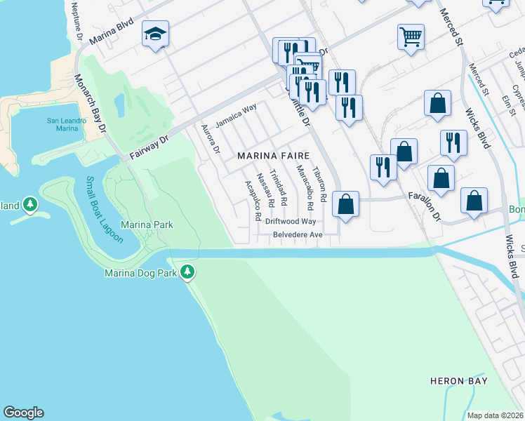 map of restaurants, bars, coffee shops, grocery stores, and more near 14474 Acapulco Road in San Leandro