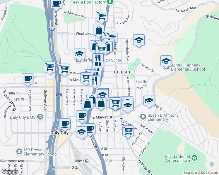 map of restaurants, bars, coffee shops, grocery stores, and more near 56 Garibaldi Street in Daly City
