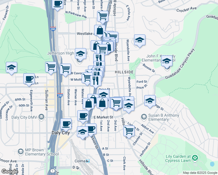 map of restaurants, bars, coffee shops, grocery stores, and more near 56 Garibaldi Street in Daly City
