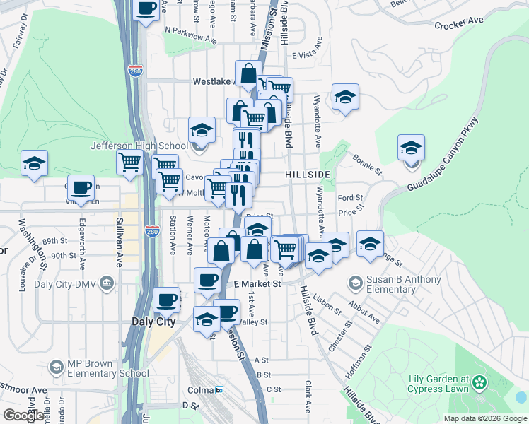 map of restaurants, bars, coffee shops, grocery stores, and more near 56 Garibaldi Street in Daly City