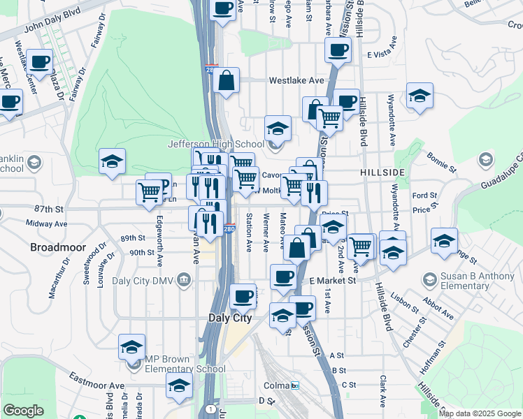 map of restaurants, bars, coffee shops, grocery stores, and more near 93 Station Avenue in Daly City