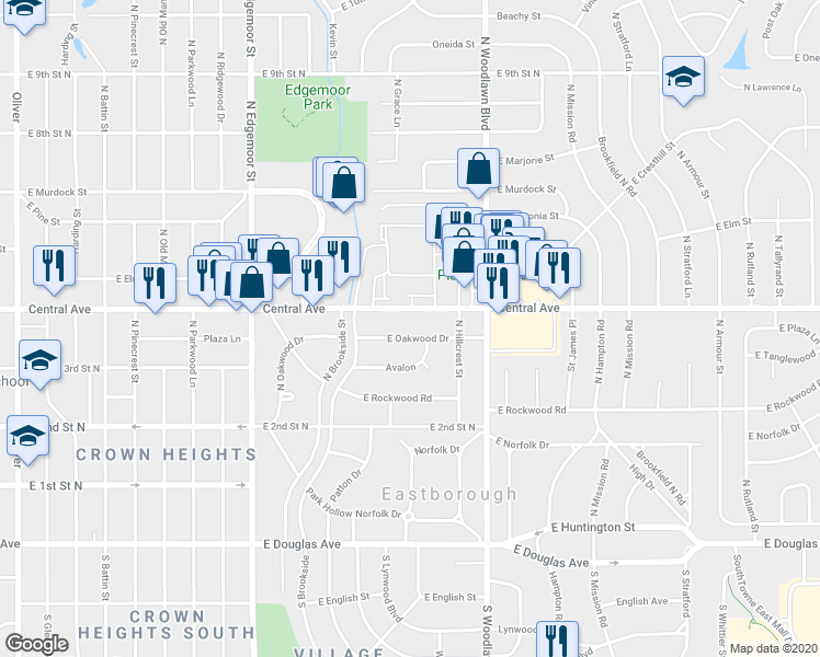 map of restaurants, bars, coffee shops, grocery stores, and more near 6025 East Central Avenue in Wichita