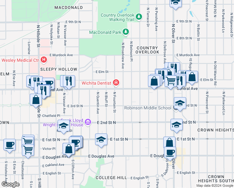 map of restaurants, bars, coffee shops, grocery stores, and more near 446 North Fountain Street in Wichita