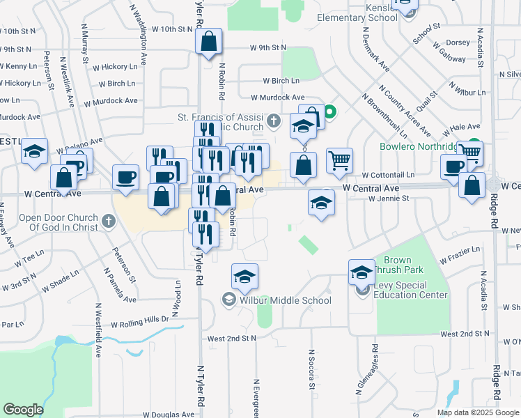 map of restaurants, bars, coffee shops, grocery stores, and more near 8405 West Central Avenue in Wichita