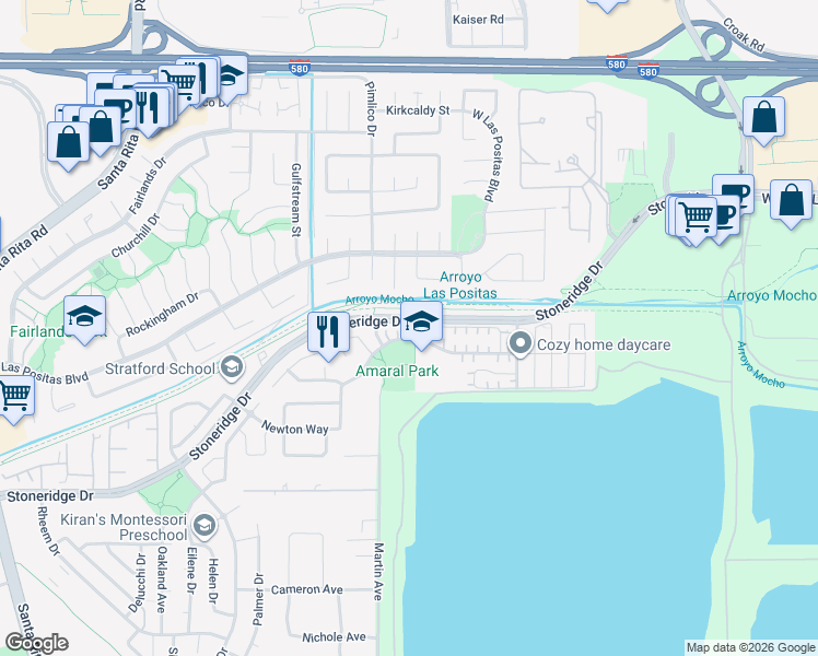 map of restaurants, bars, coffee shops, grocery stores, and more near 2853 Daylily Court in Pleasanton