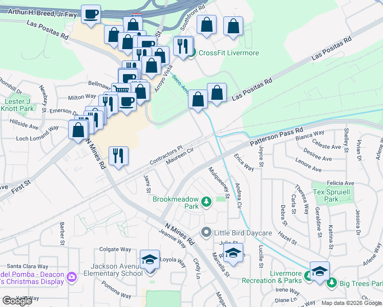 map of restaurants, bars, coffee shops, grocery stores, and more near 4723 Maureen Circle in Livermore