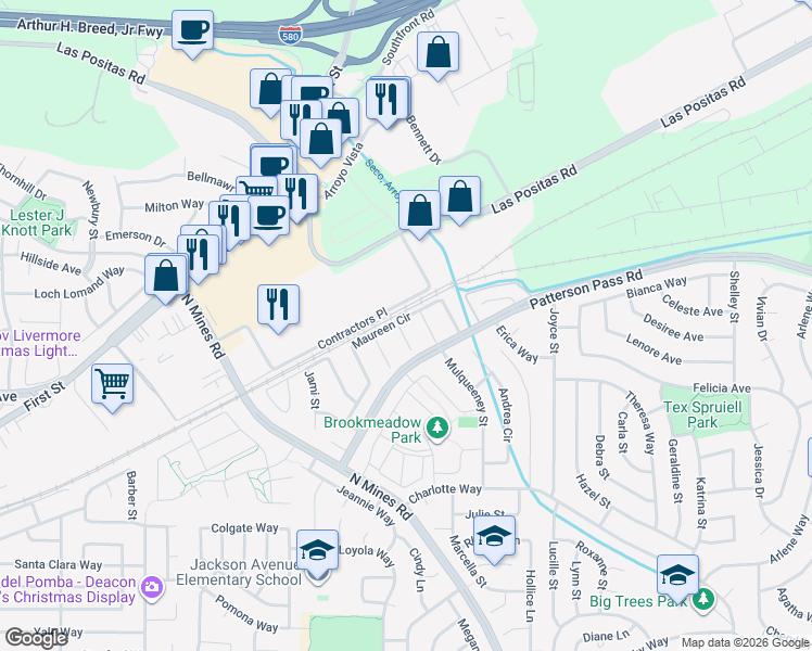 map of restaurants, bars, coffee shops, grocery stores, and more near 4861 Maureen Circle in Livermore