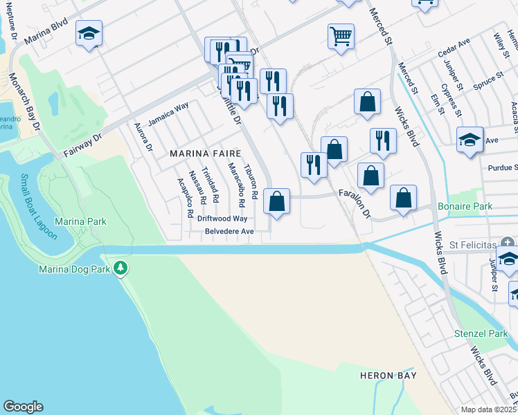 map of restaurants, bars, coffee shops, grocery stores, and more near 14544 Tiburon Road in San Leandro