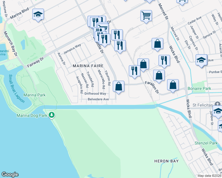 map of restaurants, bars, coffee shops, grocery stores, and more near 14491 Doolittle Drive in San Leandro