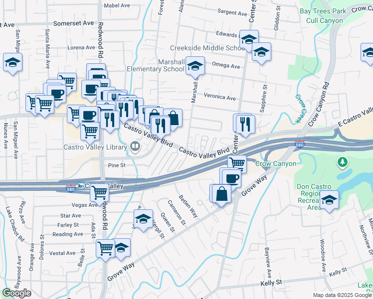 map of restaurants, bars, coffee shops, grocery stores, and more near Castro Valley Boulevard & Marshall Street in Castro Valley