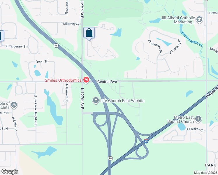 map of restaurants, bars, coffee shops, grocery stores, and more near 13220-13222 E Bridgefield Pl in Wichita