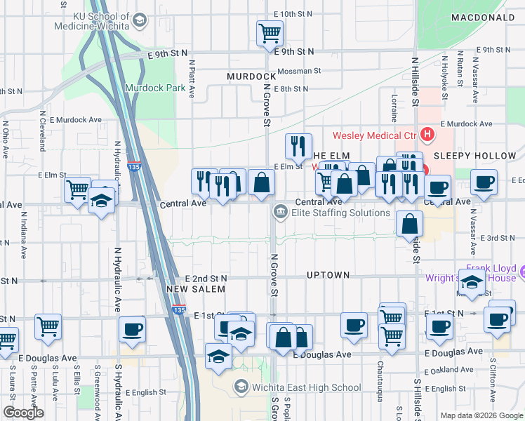 map of restaurants, bars, coffee shops, grocery stores, and more near 400 North Grove Drive in Wichita