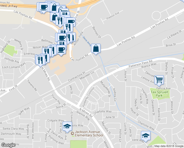 map of restaurants, bars, coffee shops, grocery stores, and more near 4723 Maureen Circle in Livermore
