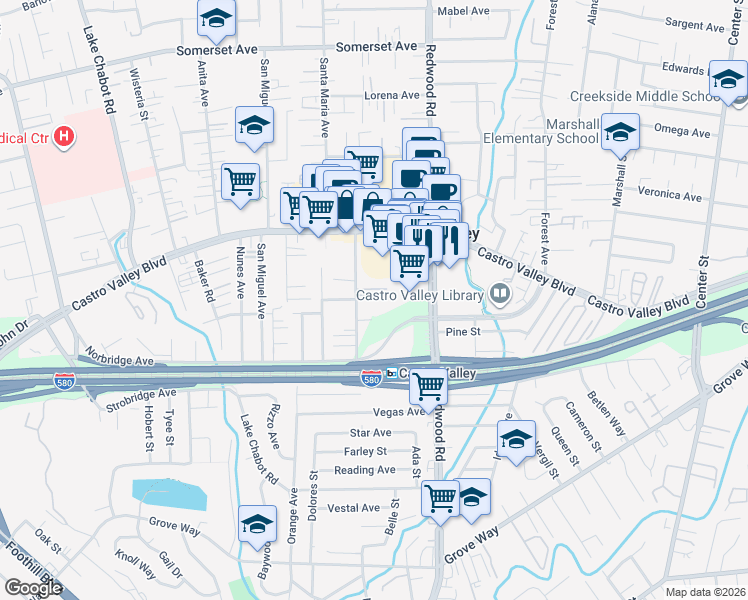map of restaurants, bars, coffee shops, grocery stores, and more near 21000 Wilbeam Court in Castro Valley