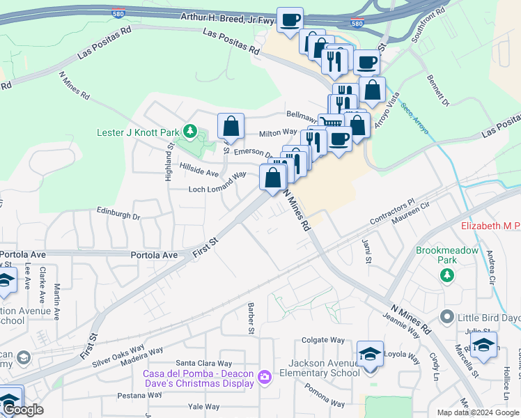 map of restaurants, bars, coffee shops, grocery stores, and more near 4047 First Street in Livermore