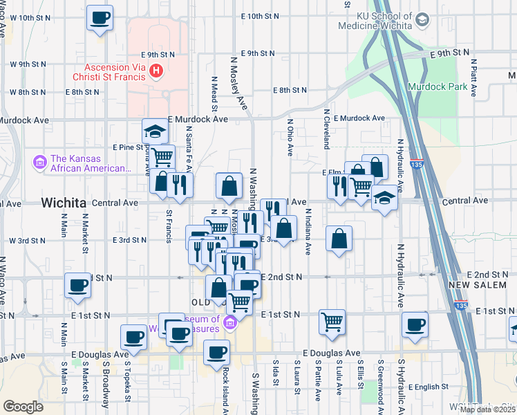 map of restaurants, bars, coffee shops, grocery stores, and more near 1001 East Central Avenue in Wichita