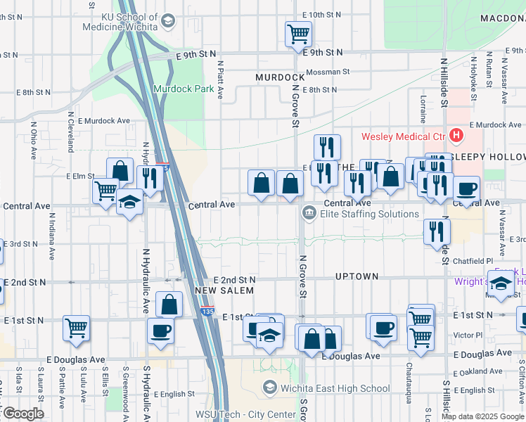 map of restaurants, bars, coffee shops, grocery stores, and more near 2225 E Central Ave in Wichita