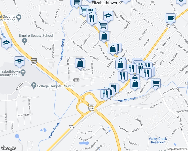 map of restaurants, bars, coffee shops, grocery stores, and more near 317 College Street in Elizabethtown