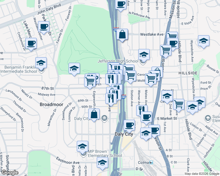 map of restaurants, bars, coffee shops, grocery stores, and more near Sullivan Avenue & 87th Street in Broadmoor