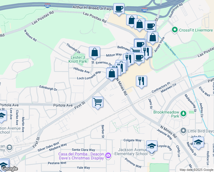 map of restaurants, bars, coffee shops, grocery stores, and more near 4049 First Street in Livermore