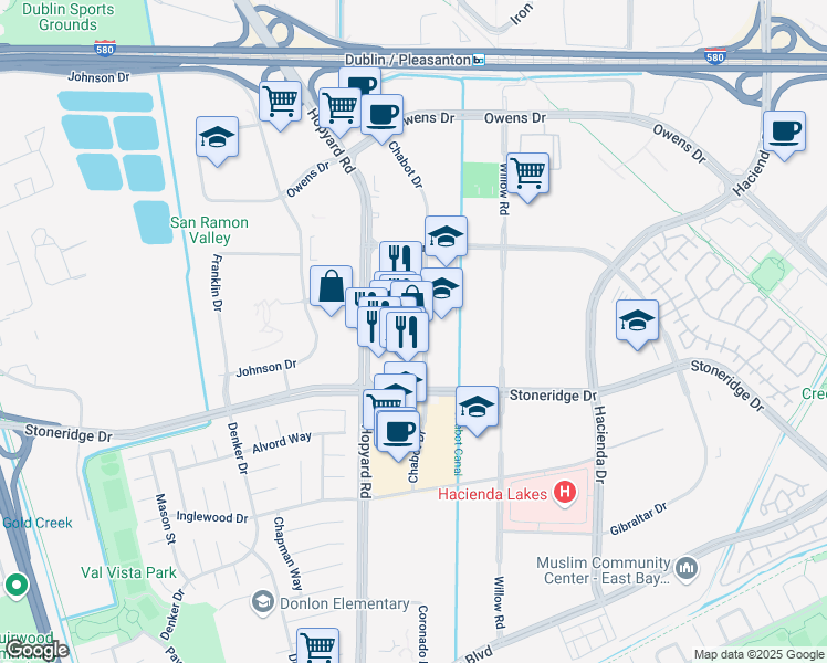 map of restaurants, bars, coffee shops, grocery stores, and more near 4833 Hopyard Road in Pleasanton