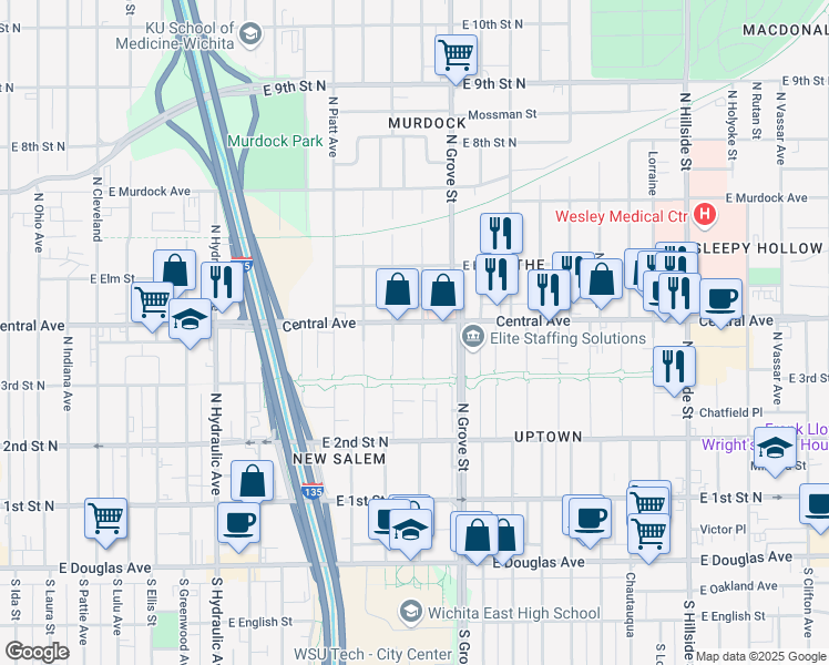 map of restaurants, bars, coffee shops, grocery stores, and more near 2225 East Central Avenue in Wichita