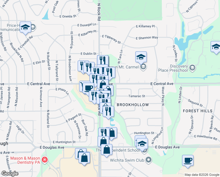 map of restaurants, bars, coffee shops, grocery stores, and more near 8139 East Central Avenue in Wichita