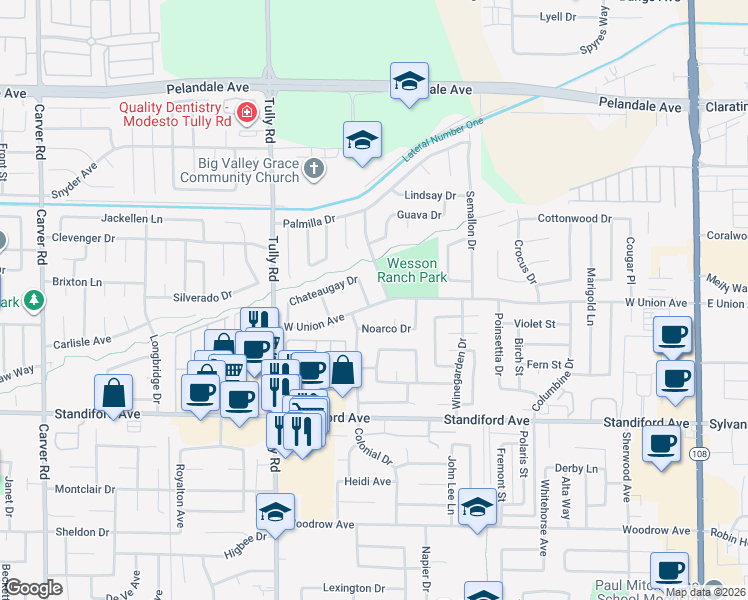 map of restaurants, bars, coffee shops, grocery stores, and more near 1021 West Union Avenue in Modesto