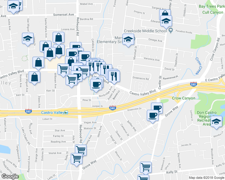 map of restaurants, bars, coffee shops, grocery stores, and more near in Castro Valley