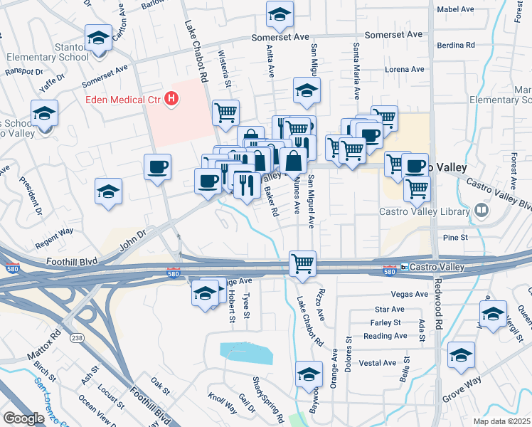 map of restaurants, bars, coffee shops, grocery stores, and more near 21019 Baker Road in Castro Valley