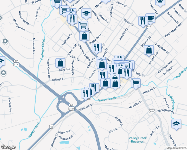 map of restaurants, bars, coffee shops, grocery stores, and more near 201 Terry Court in Elizabethtown