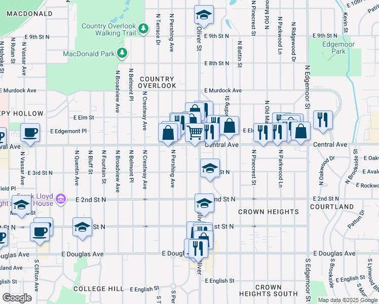 map of restaurants, bars, coffee shops, grocery stores, and more near in Wichita