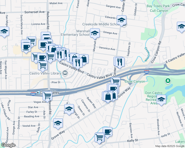 map of restaurants, bars, coffee shops, grocery stores, and more near 3940 Castro Valley Boulevard in Castro Valley