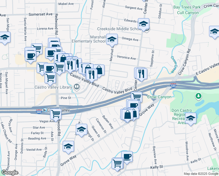 map of restaurants, bars, coffee shops, grocery stores, and more near 3940 Castro Valley Boulevard in Castro Valley