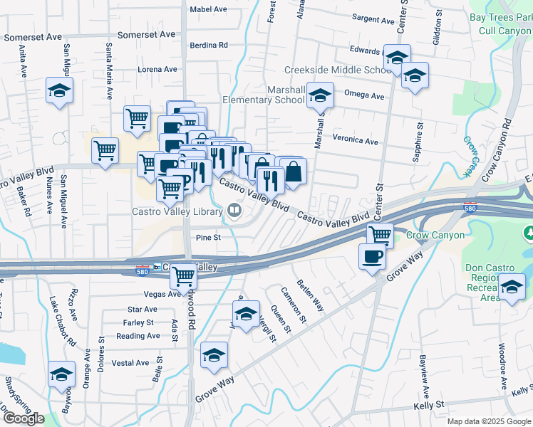 map of restaurants, bars, coffee shops, grocery stores, and more near 21107 Aspen Avenue in Castro Valley