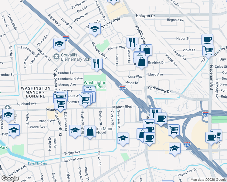 map of restaurants, bars, coffee shops, grocery stores, and more near 690 Crosby Place in San Leandro