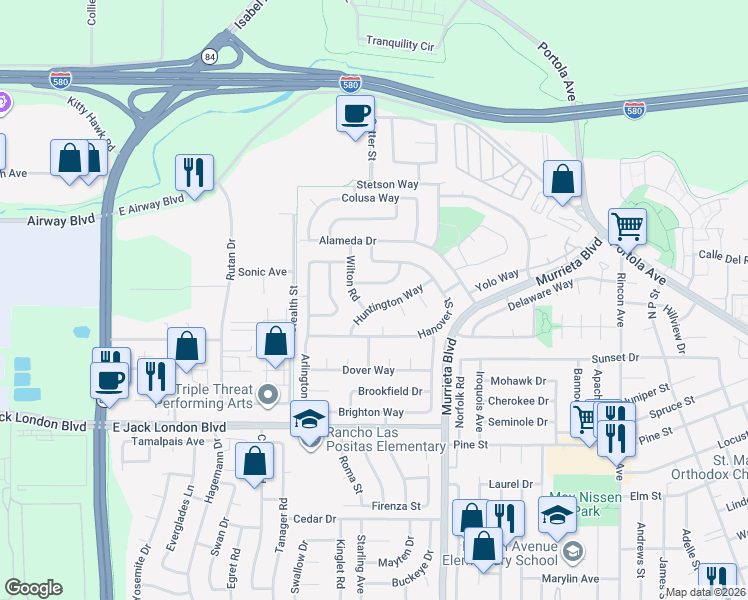 map of restaurants, bars, coffee shops, grocery stores, and more near 528 Huntington Way in Livermore