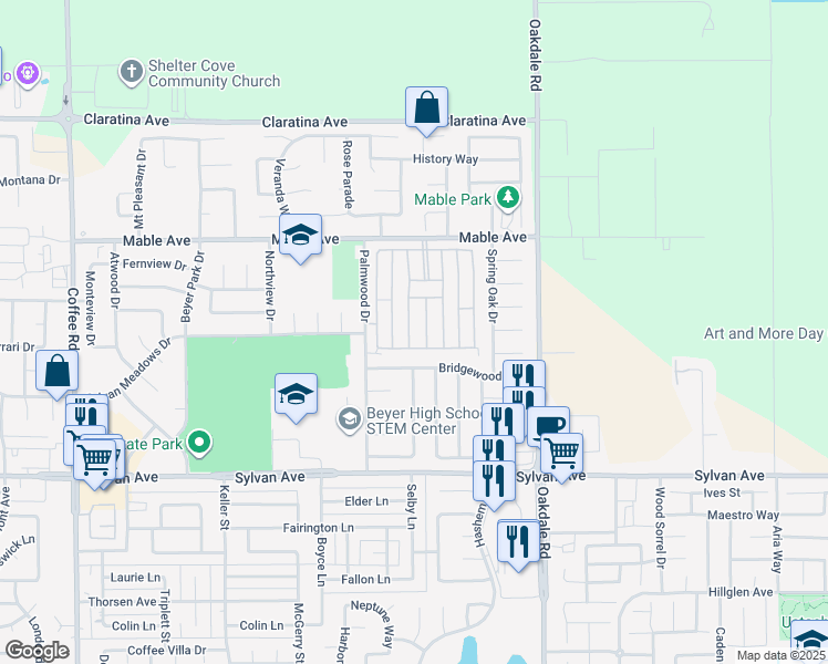 map of restaurants, bars, coffee shops, grocery stores, and more near 3816 Pali Place in Modesto