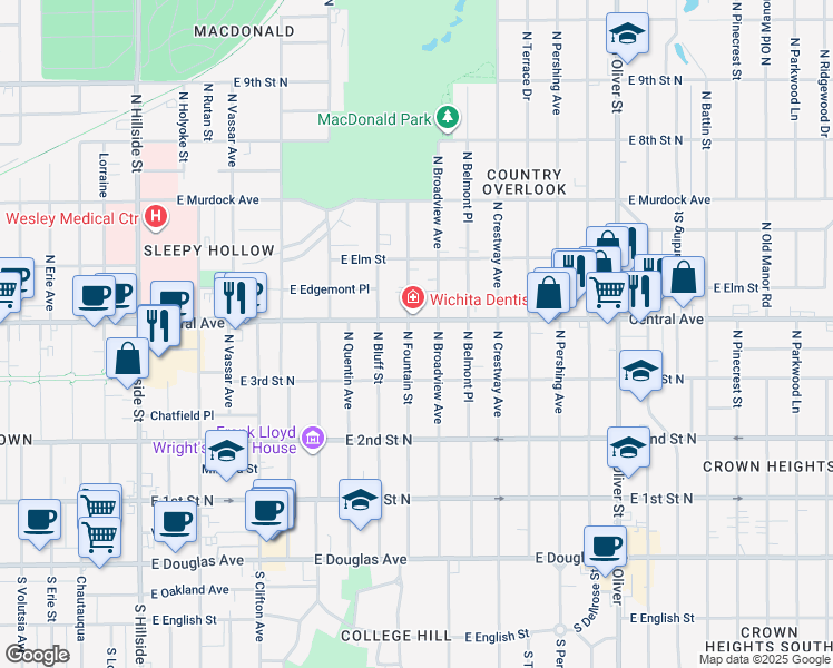 map of restaurants, bars, coffee shops, grocery stores, and more near 446 North Fountain Street in Wichita