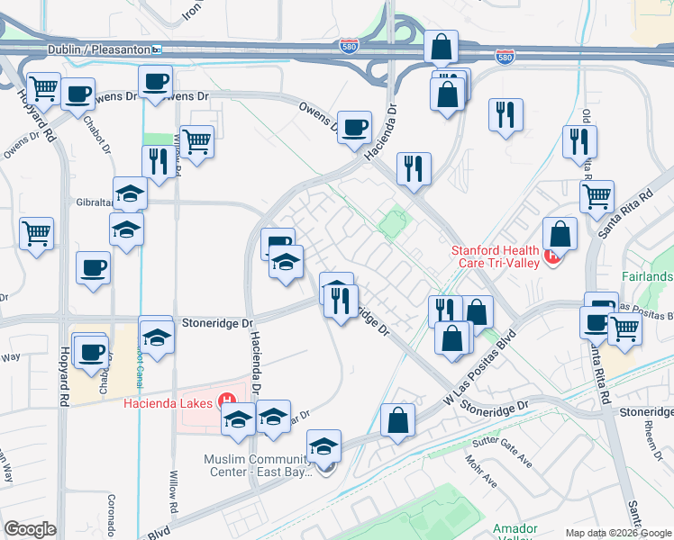 map of restaurants, bars, coffee shops, grocery stores, and more near 5129 Rappolla Court in Pleasanton