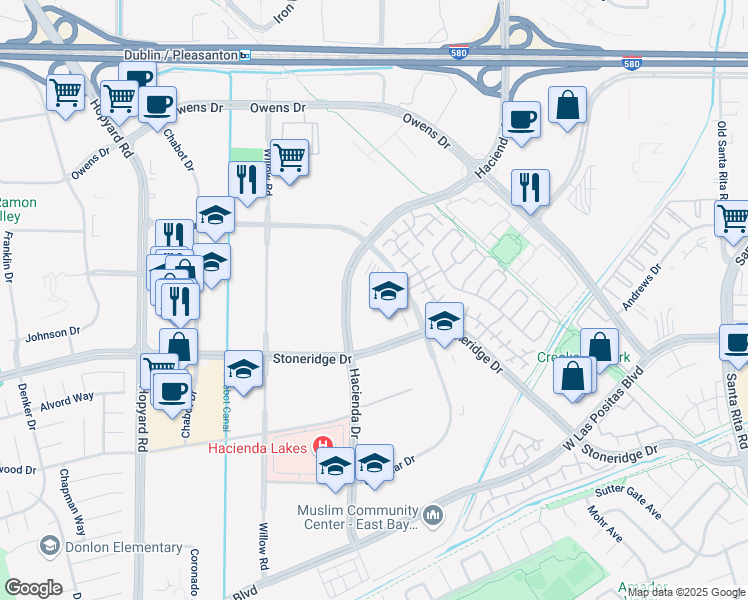 map of restaurants, bars, coffee shops, grocery stores, and more near 4309 Hacienda Drive in Pleasanton