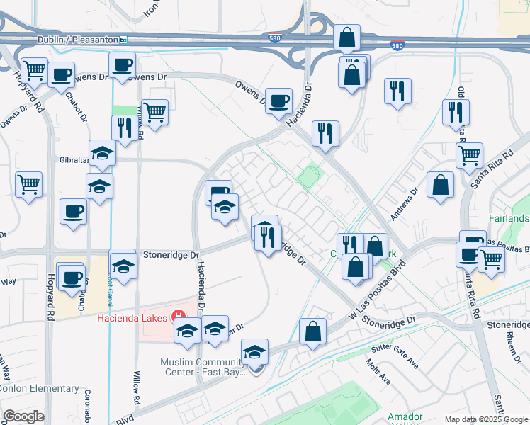 map of restaurants, bars, coffee shops, grocery stores, and more near 5129 Rappolla Court in Pleasanton